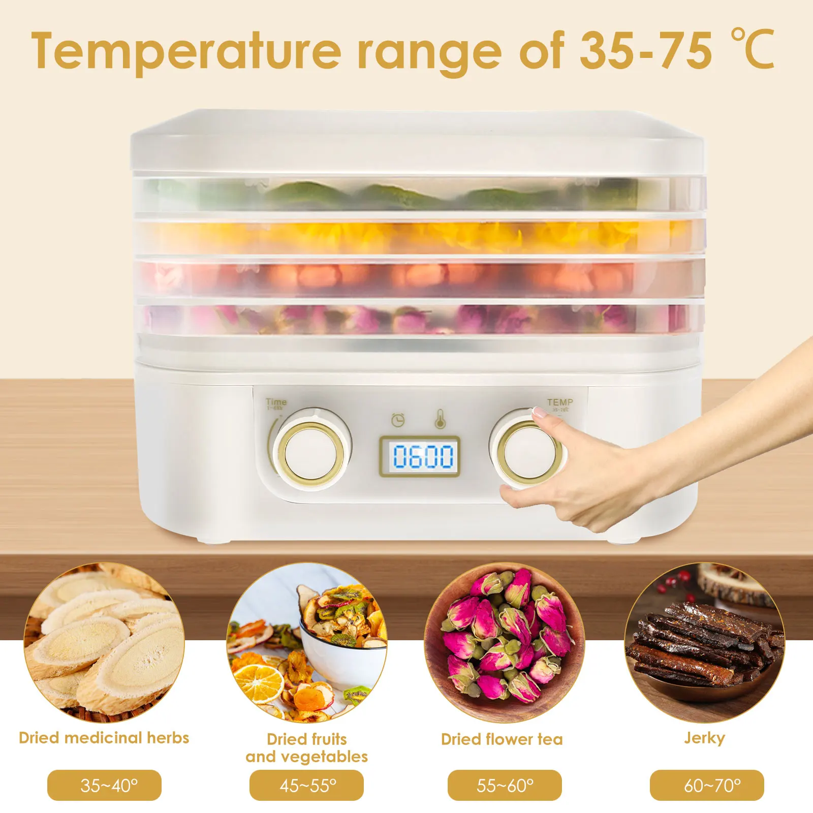 Food Dehydrator 5 Tray Food Dryer Machine Temperature Adjustable Freeze Dried Machine Quiet Freeze Dryer with LCD Display Timer