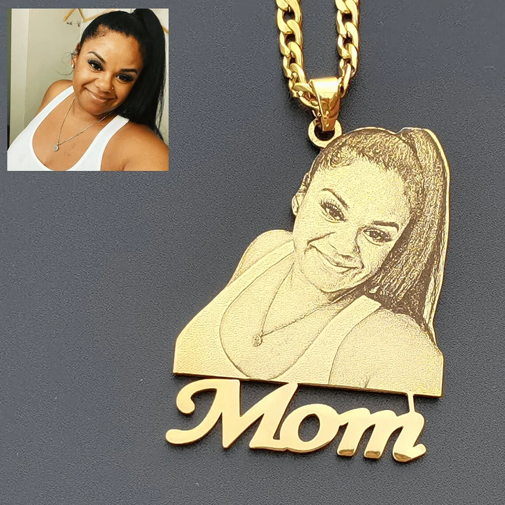 Stainless Steel Custom Portrait Photo Necklace 3 Colors Gold Rose Silver Engraved Custom Text Thick Cuban Chain Pendant