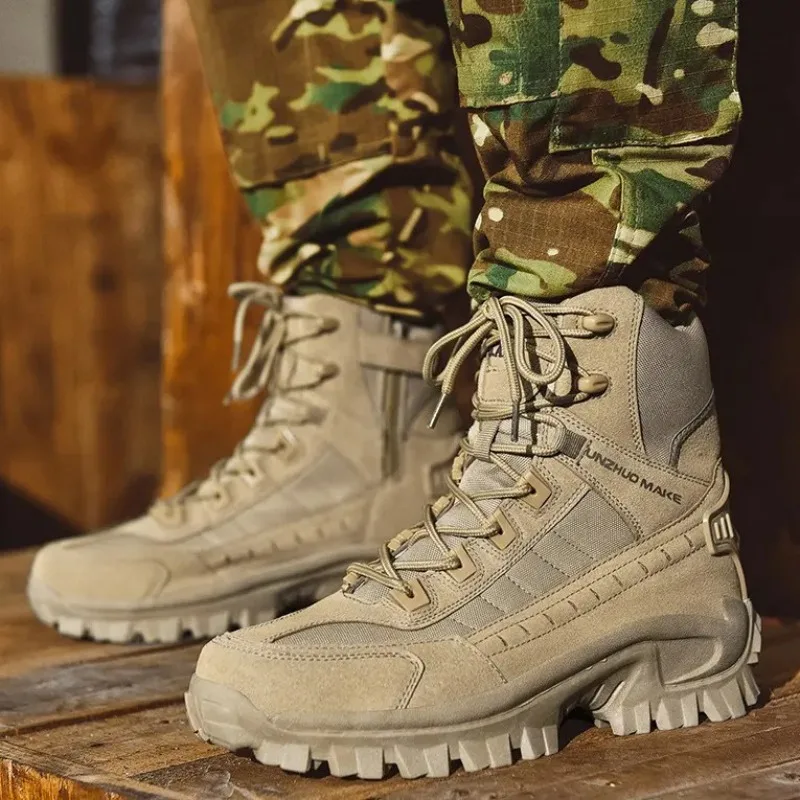 Men High Top Tactical Combat Boots Desert Outdoor Hiking Boots Men Side Zipper Anti Slip Wear Resistant Ankle Boots Botas Hombre