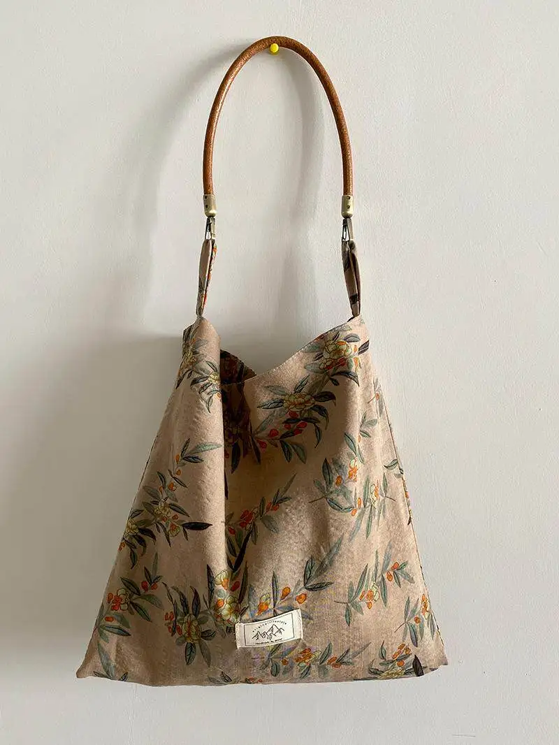 

Women's Vintage Kumquat Floral Print Shoulder Bag Cotton Linen Casual Tote Bag with Leather Strap Daily Commute Shopping Handbag