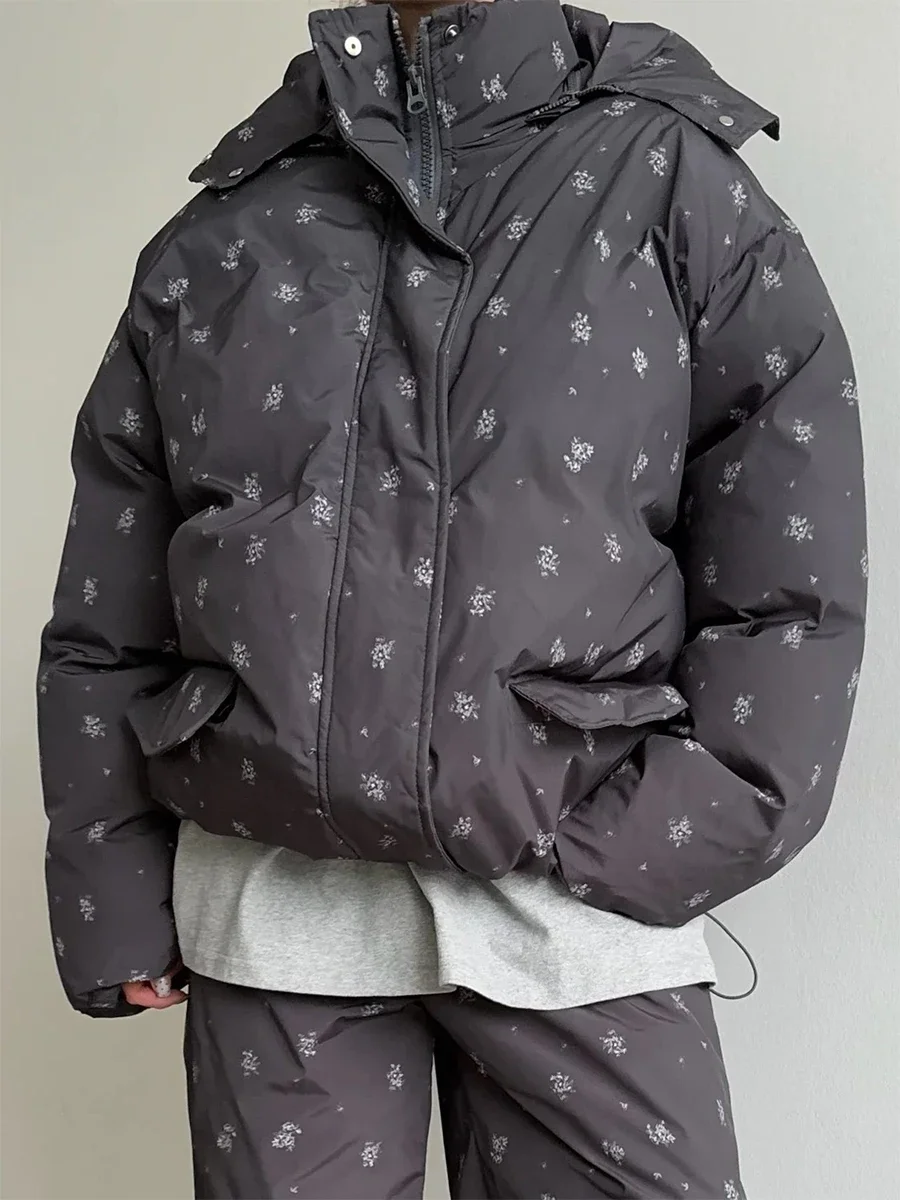 Wolfeel 2026 Winter New Flower Bread Cotton Jacket Warm and Fashionable Drawstring Design Loose Medium Length Fashion Jacket