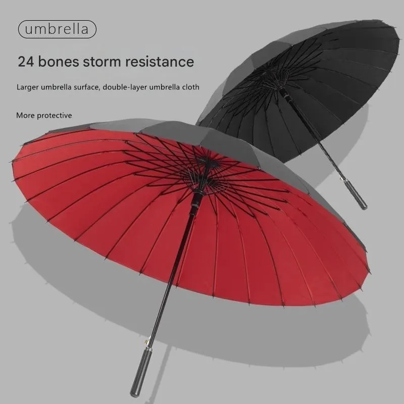 

24 Bone Leather Handle Double Layer Umbrella Thickened Long Straight Handle Wind Rain Resistant Large Business Umbrella