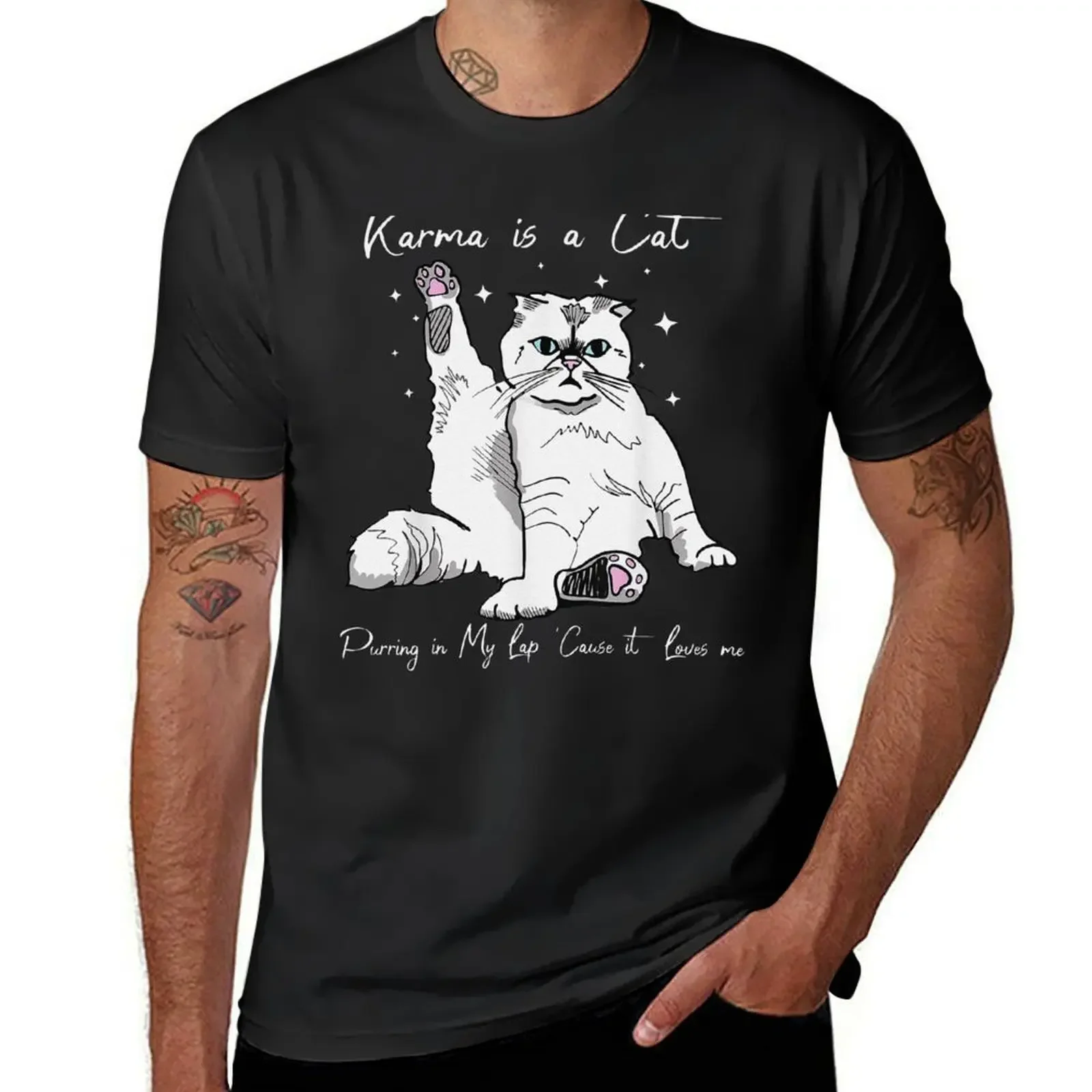 Karma Is A Cat Purring In My Lap Cause It Loves Me Cat Lover T-Shirt customs design your own vintage anime shirt Men's clothing