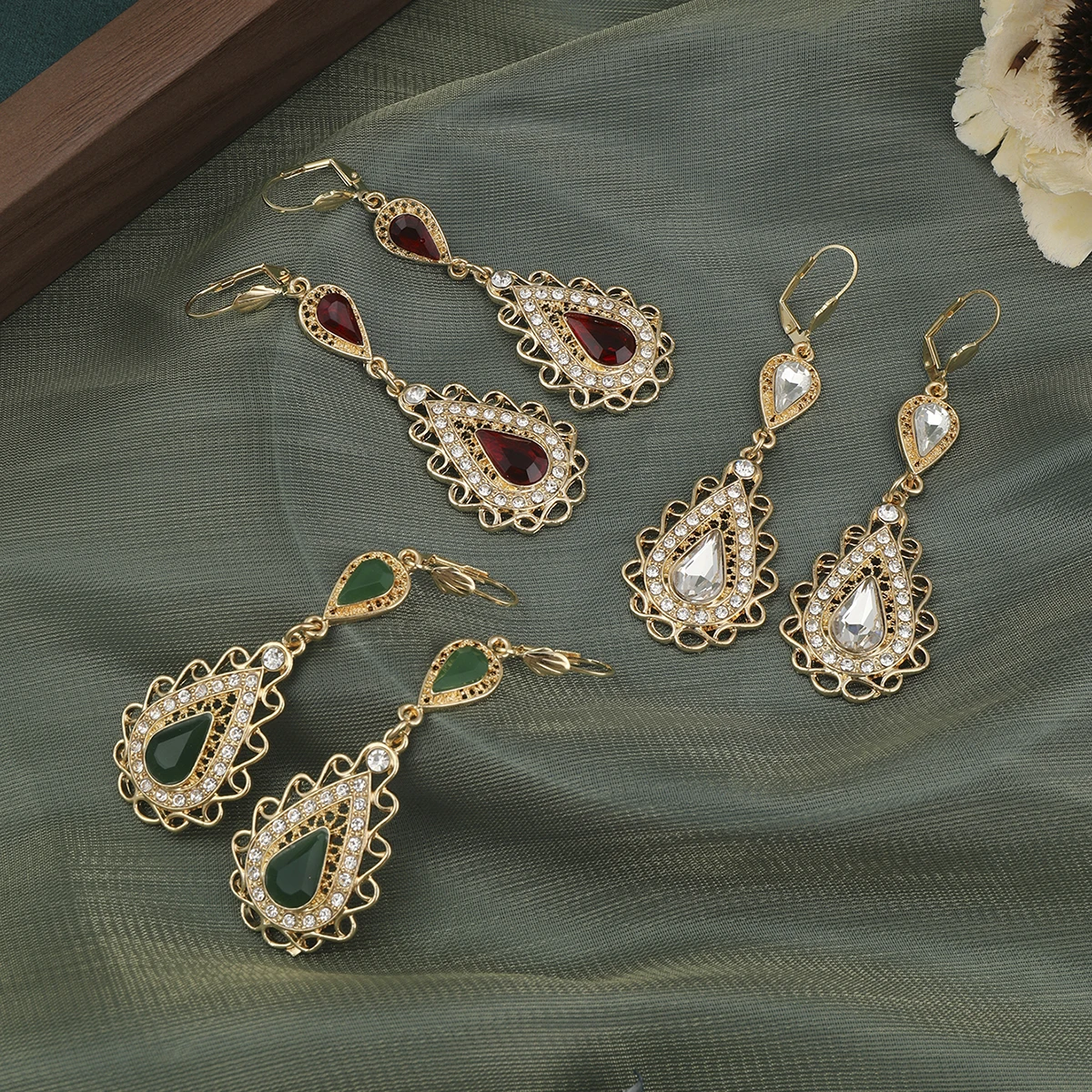 Moroccan Bridal Drop Earrings Double Layer Teardrop Crystal Rhinestone Gold Tone Ethnic Dangle Earrings for Wedding Party Women