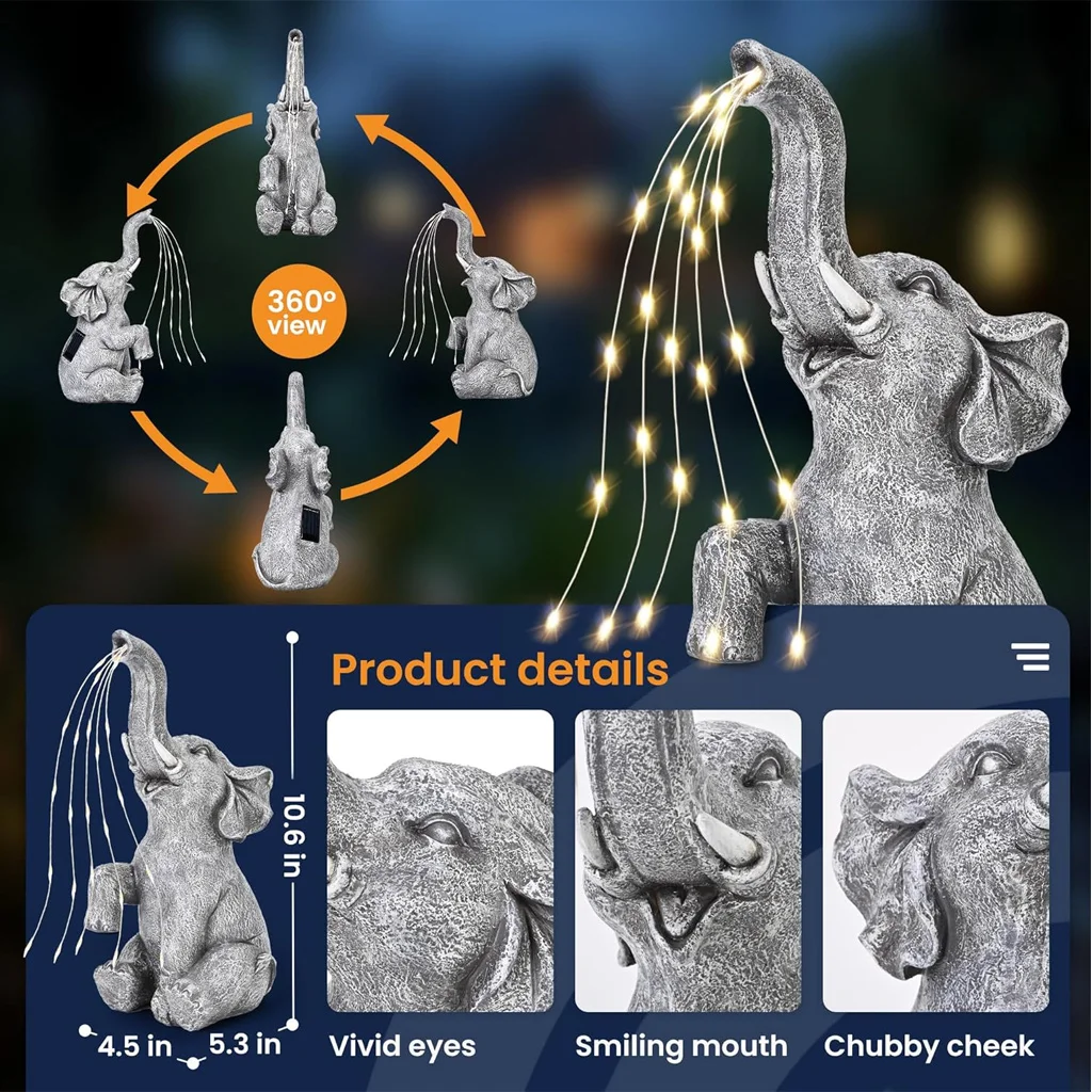 Elephant Statue Solar Light Outdoor Waterproof Resin Balcony Decor Figurine LED Garden Landscape Animal Shaped Art Ornament Lamp
