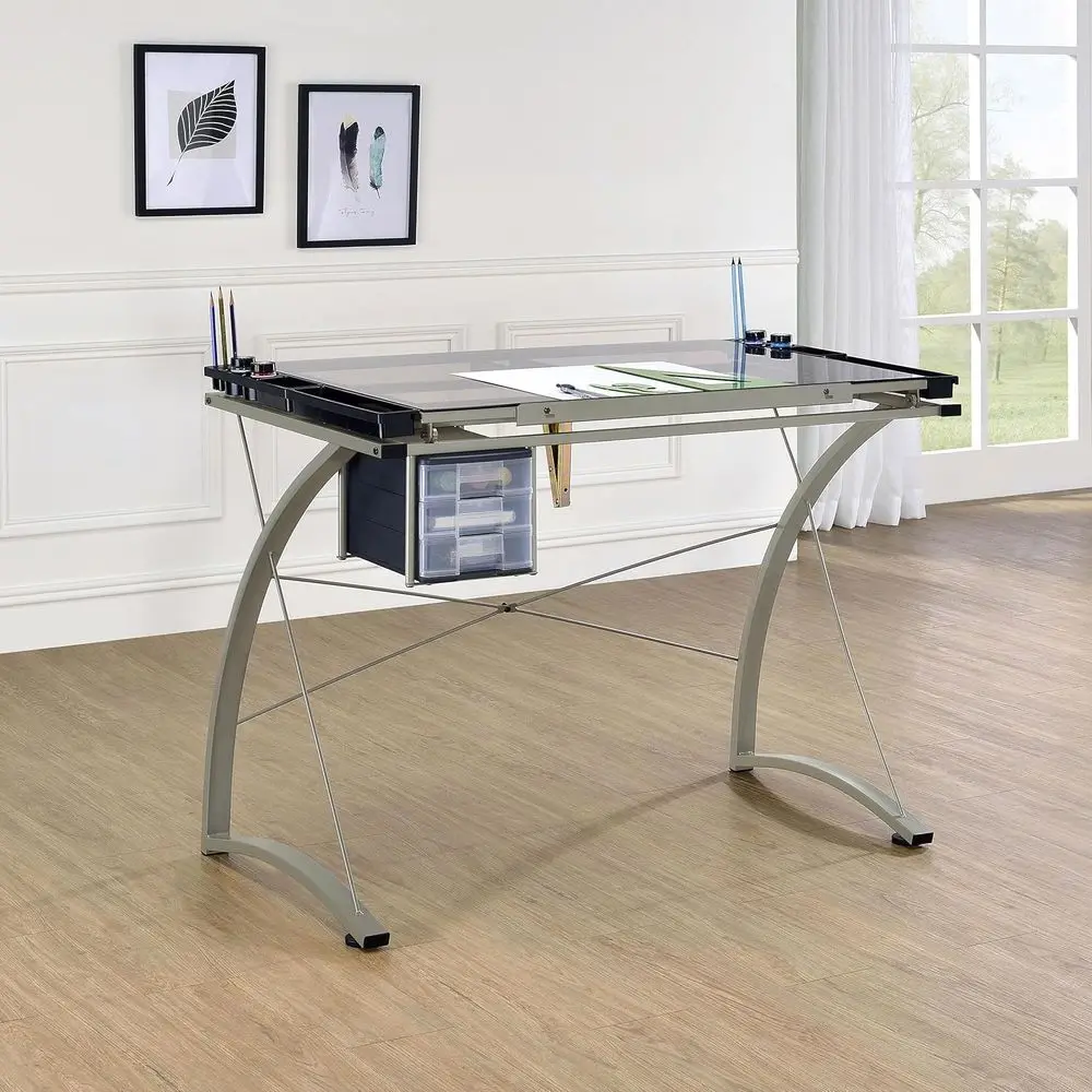 41-Inch Metal and Glass Drafting Table with Adjustable Tilt, 3 Drawers, Pencil Tray, and Storage - Silver