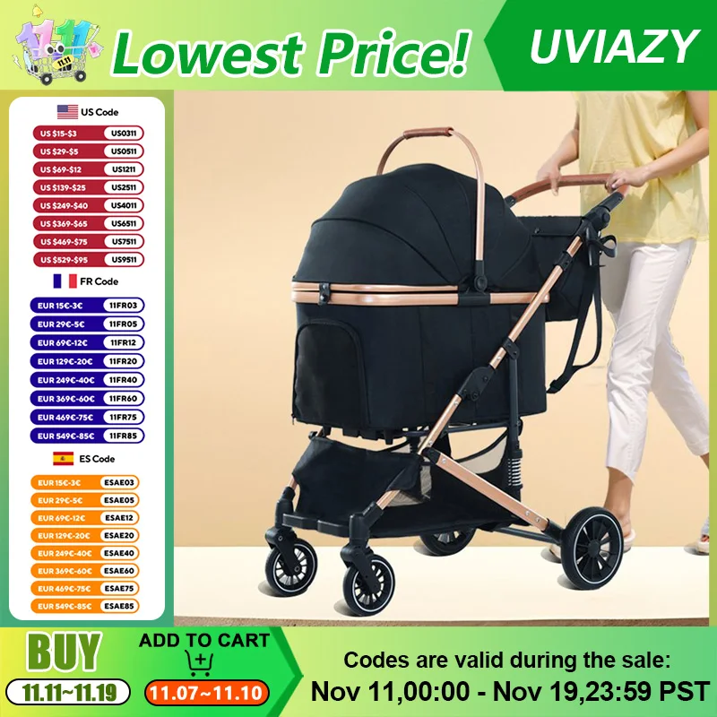 Haustier-Kinderwagen für kleine, mittelgroße Hunde und Katzen, tragbarer, faltbarer Outdoor-Haustierwagen mit 6 Stoßdämpfungen, 4 Rädern und verstellbarem Griff