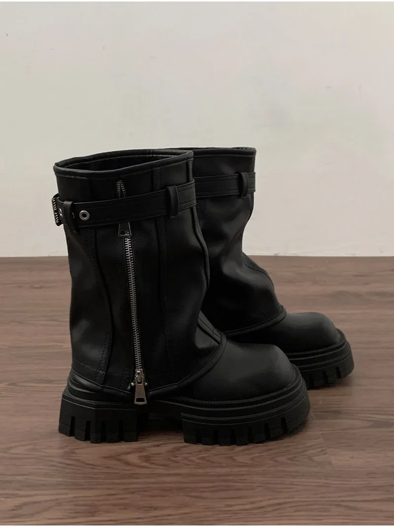 Winter Damen Biker Stiefel Mode Gürtelschnalle Elegante Plateau Flache Kurze Stiefeletten Lässige Damen Ritterstiefeletten – Detail 16
