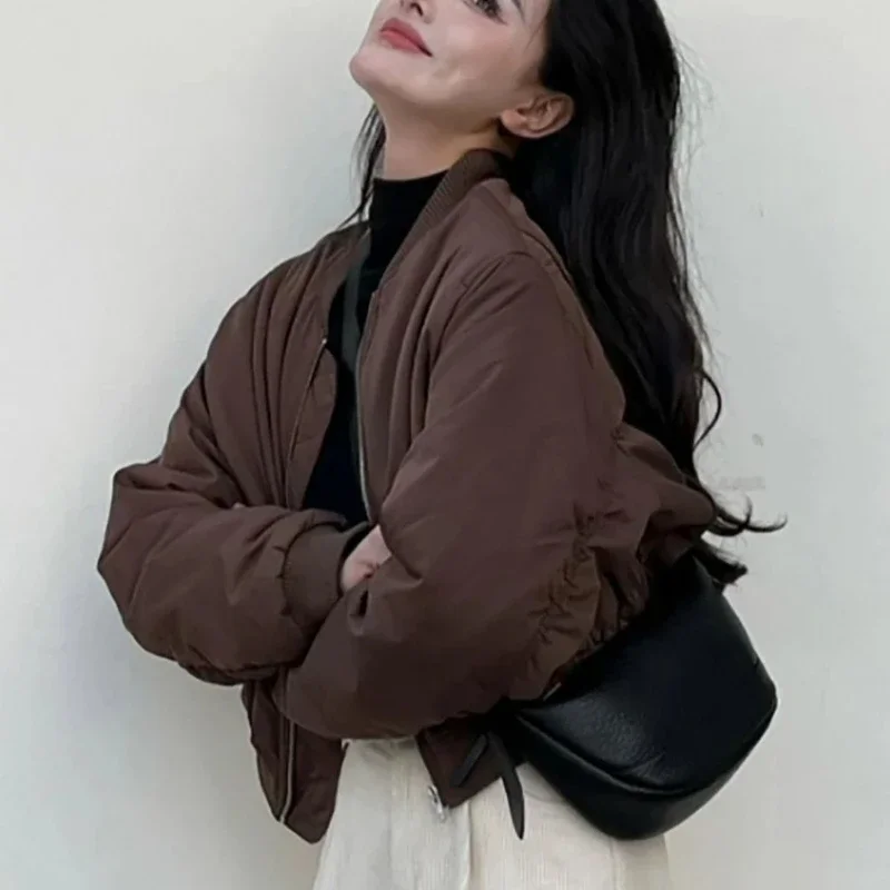Loose Plain Women's Bomber Jackets Zip-up Vintage 2025 Trend Youthful 2025 Female Baseball Aviator Coats Demi-season Lined Chic