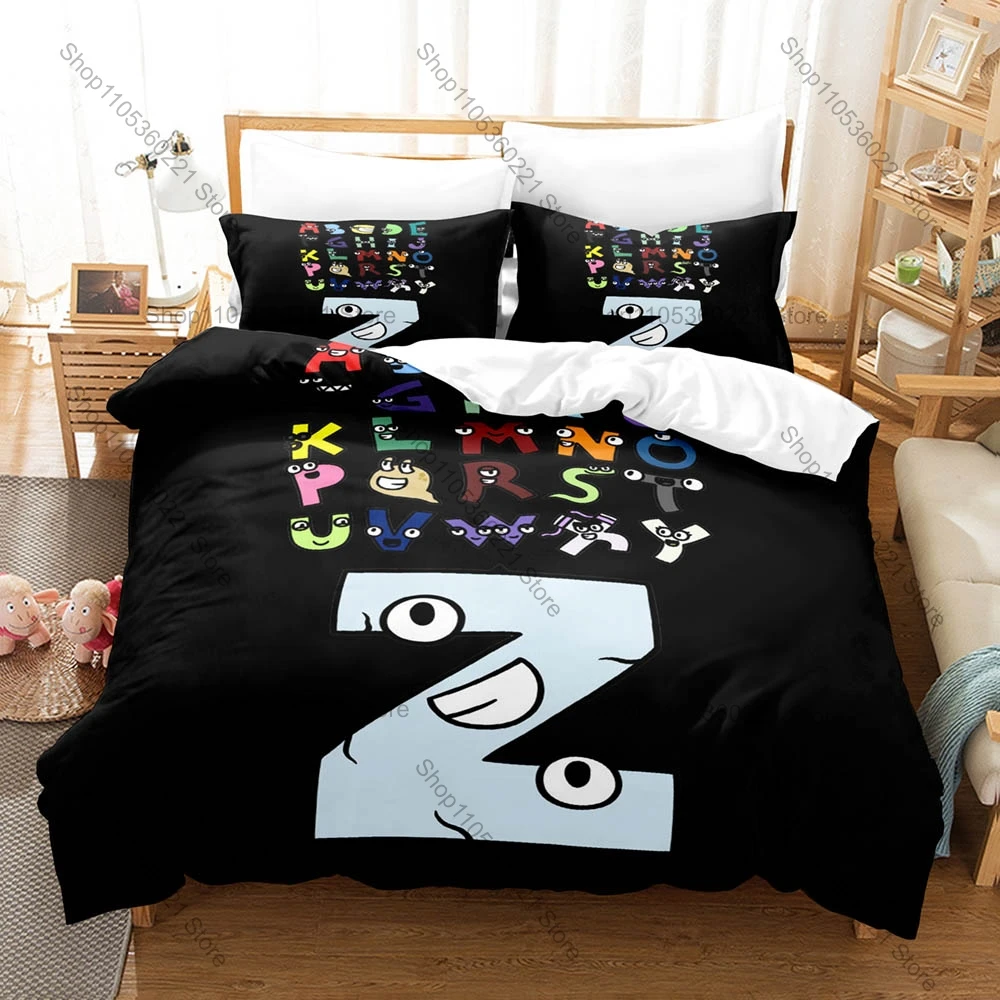 Alphabet Lore Color Humanized Letter Dark Battle Cartoon Print Duvet Cover + 2 Pillowcases Funny Kids Microfiber Bedroom Decor