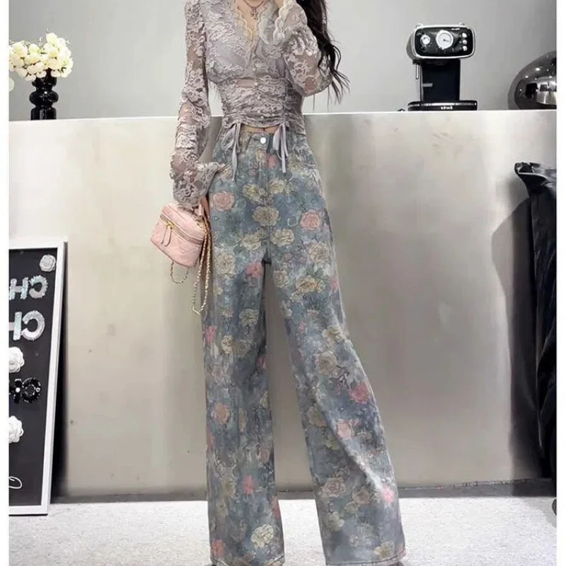 

Американские потертые джинсы High Street для девочек для женщин, весна-лето, нишевые широкие брюки с высокой талией и принтом, прямые брюки Ins Trend