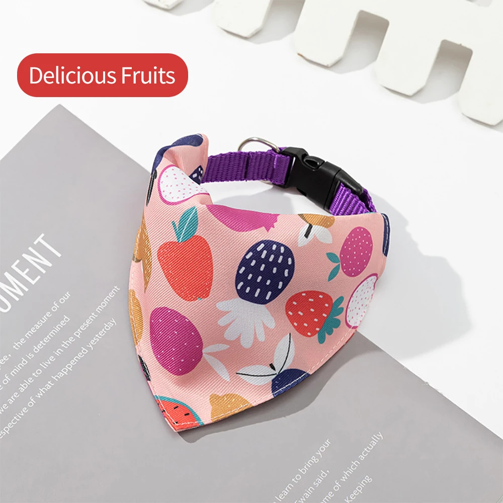 Pets Saliva Towel Adjustment Cute Fruit Print Weaved Dog Cat Collar Bib Grooming Arc Design Dog Scarf for Girl Small Dogs Cats