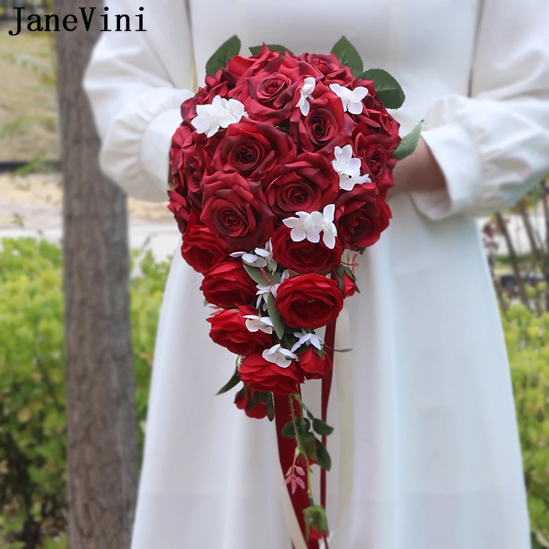 JaneVini-ramo De flores artificiales para novia, flores De boda, cascada roja Vintage