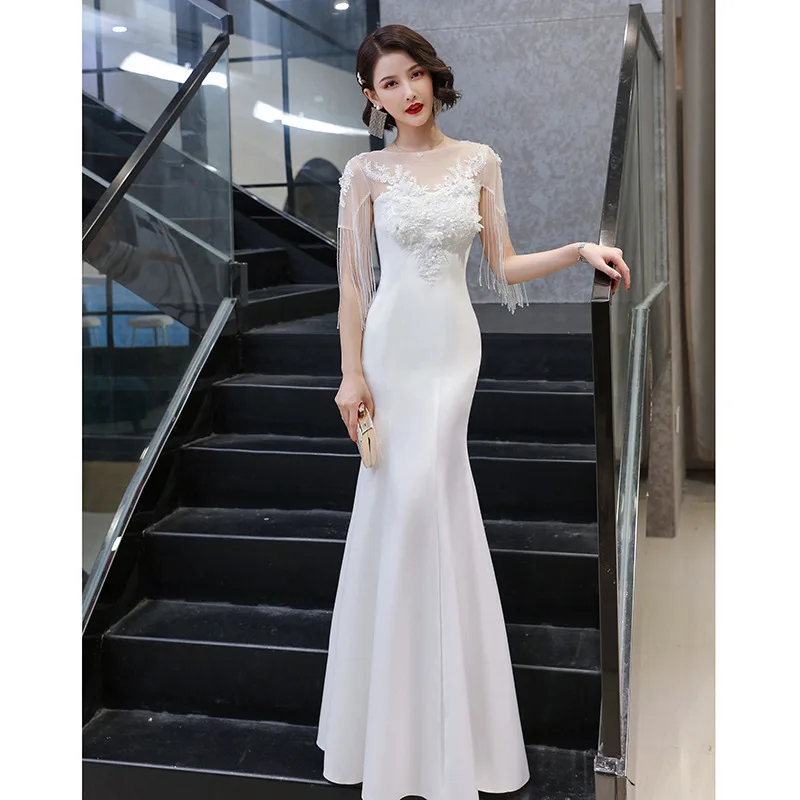 

Long Grace Mermaid Dress Temperament Tassel Sleeve Qipao Appliques Vestidos De Festa Women White Celebrity Banquet Dresses