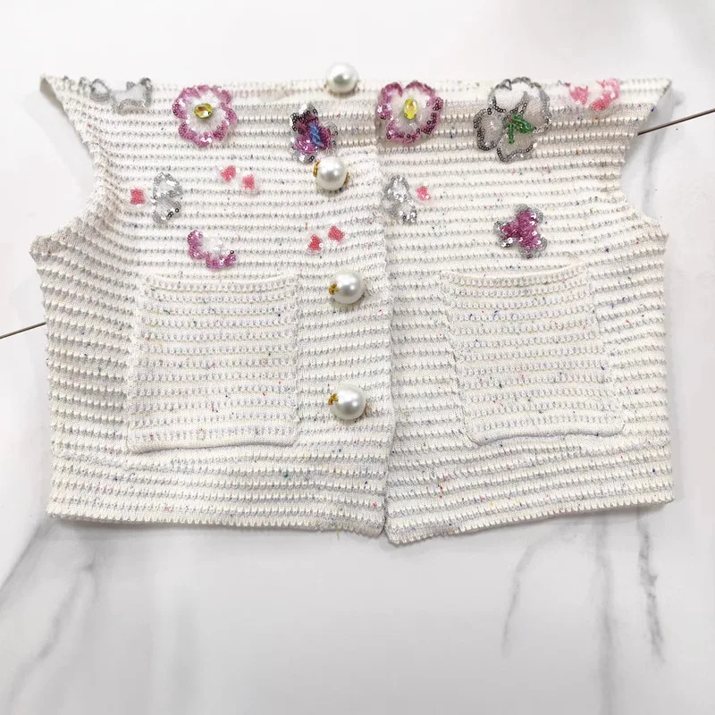 2025 Spring and Summer New Pullover Lapel Sleeveless Three-dimensional Flower Bead Knitted Vest For Women