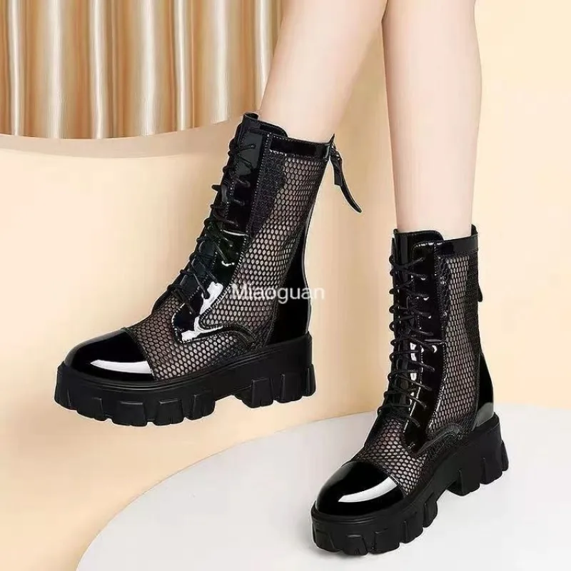 Summer Ankle Boots Women\'s 2024 New Chunky Hollow Out Shoes Brand Female Black Round Toe Lace-up Ladies Fashion Platform Comfort