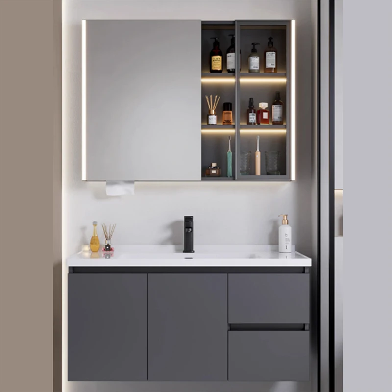 

Storage Cabinet Wall Shelf Pvc Bathroom Washbasin Kit Mirrors Sink Base Kitchen Furniture Luxury Wooden Mdf Floor Salon Gabinete