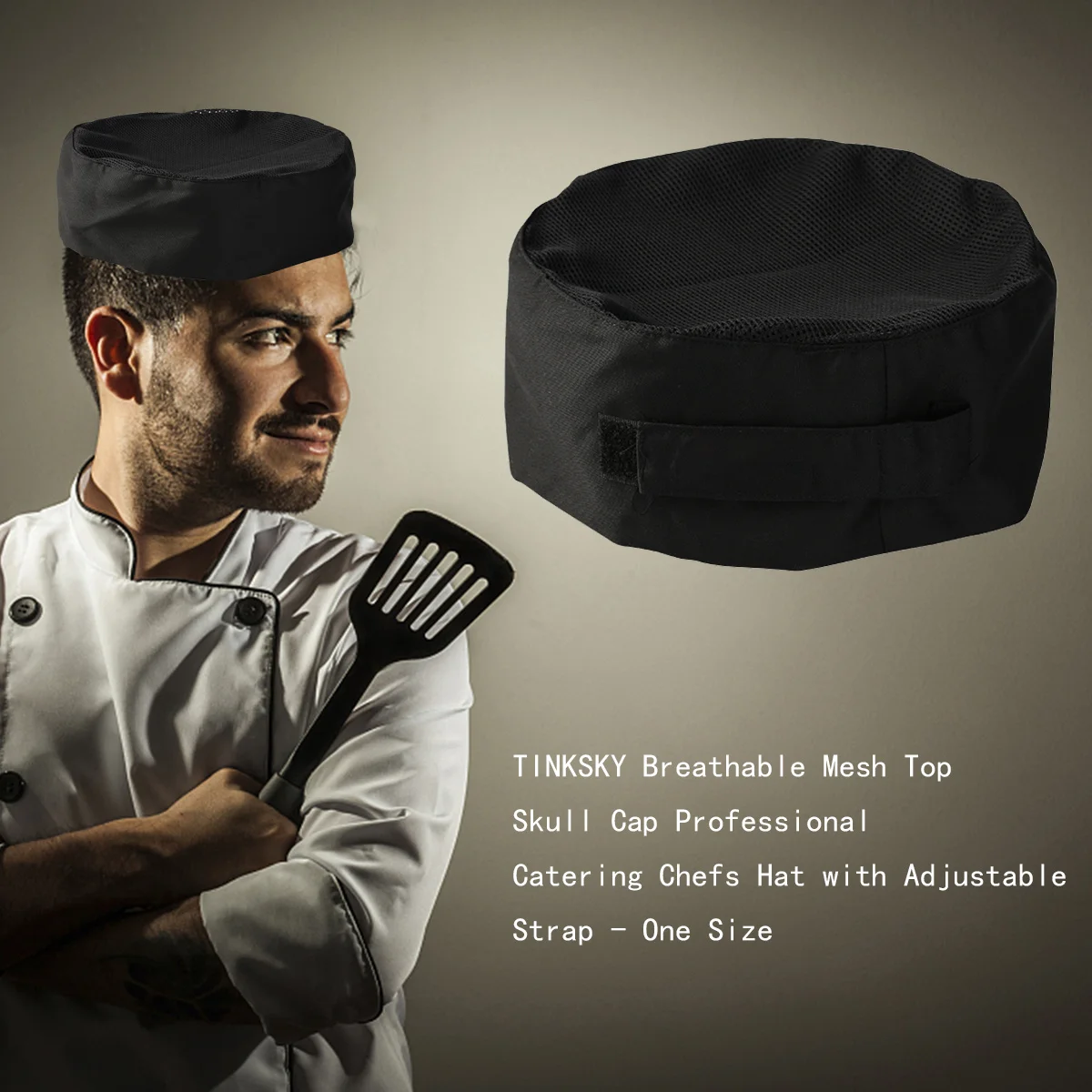 Zwarte koksmuts Tinksky ademend mesh bovenkant verstelbare riem one size fits most katoen polyester catering koken bakken