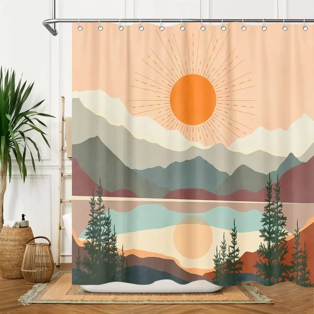 Mid Century Boho Mountain Shower Curtain Abstract Sunset Forest Modern Minimalist Bathroom Decoration Waterproof Fabric Screen