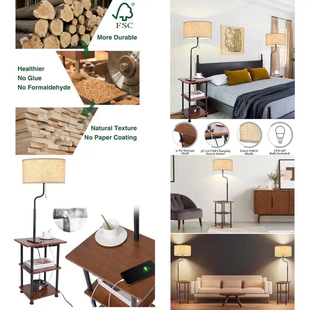 

Деревянный напольный светильник в деревенском стиле со столиком, USB и Type-C зарядкой, 3-уровневой полкой-тумбочкой, светодиодная лампа в комплекте