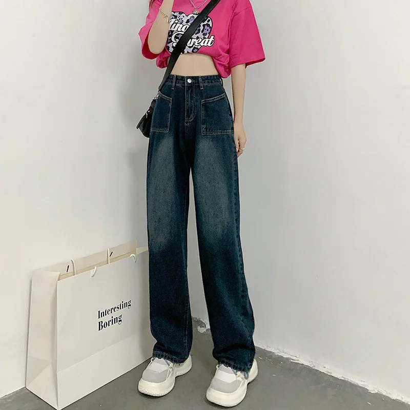 Women's Cheap Denim Trousers All Season High Waist Jeans wide-legged Pants Button Fly Ladies Fashion Dropshipping AMJQQNZ568