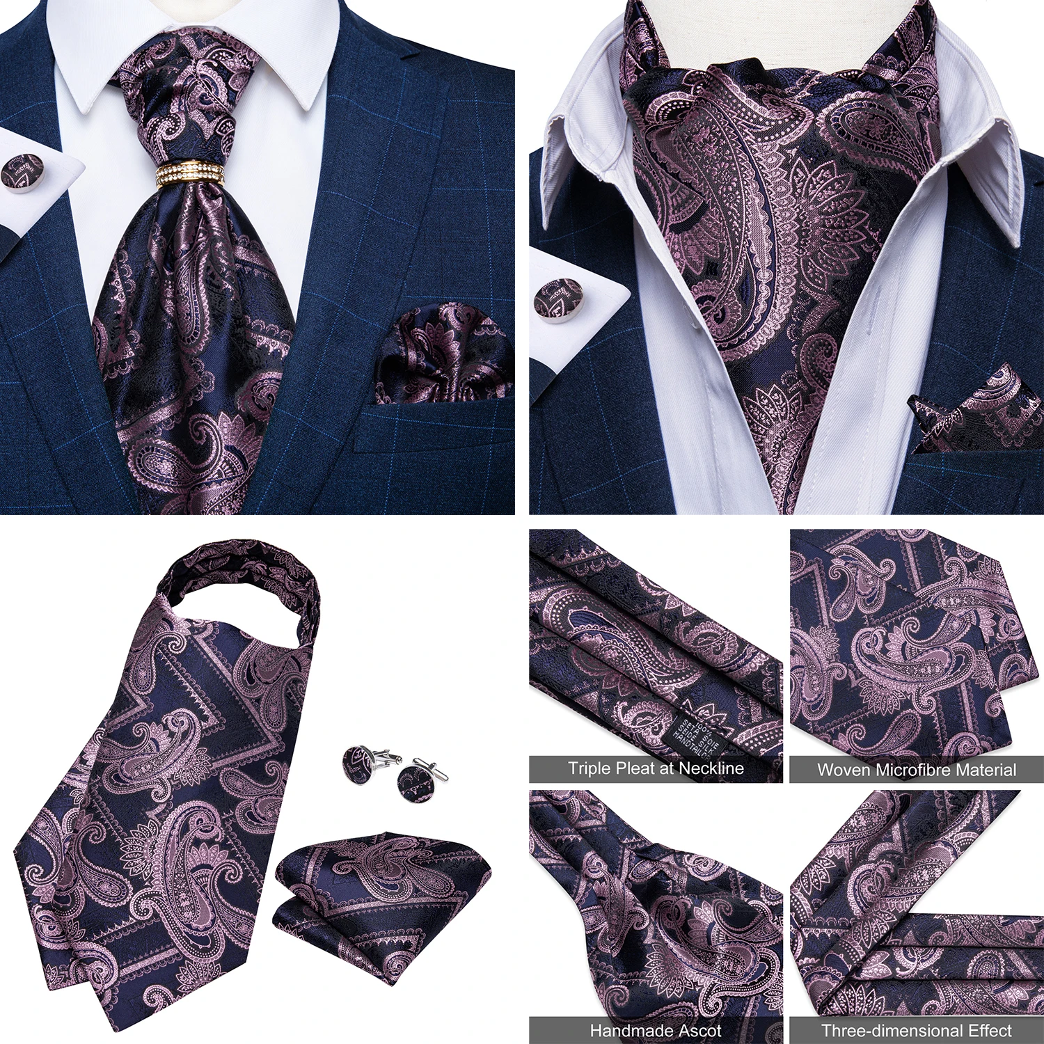 Luxury Men Green Blue Paisley Ascot Tie Set Solid Necktie Ring Wedding Party Cravat Purple Ties Pocket Sqaure Cufflink Free Ship