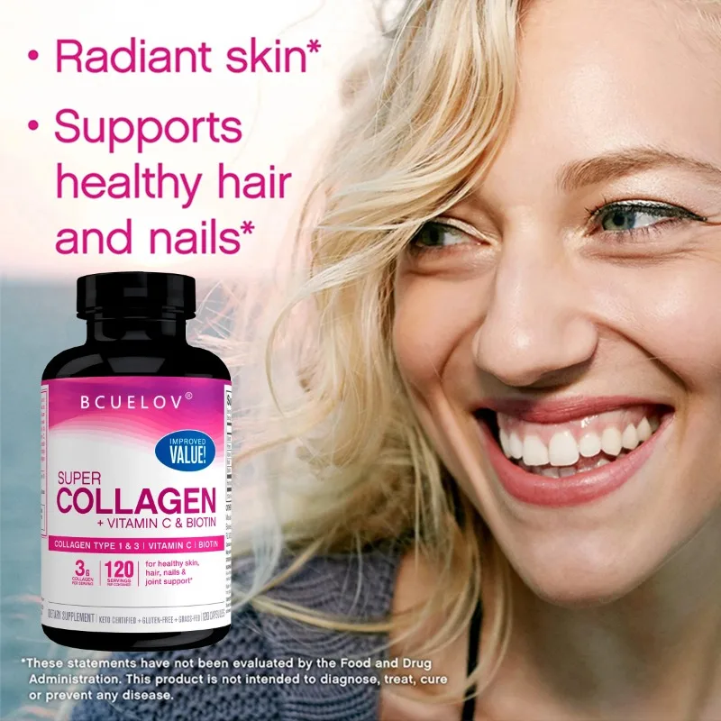 Collagen vitamins and biotin nutritional supplements for healthy skin, skin elasticity, and healthy hair, skin and nails