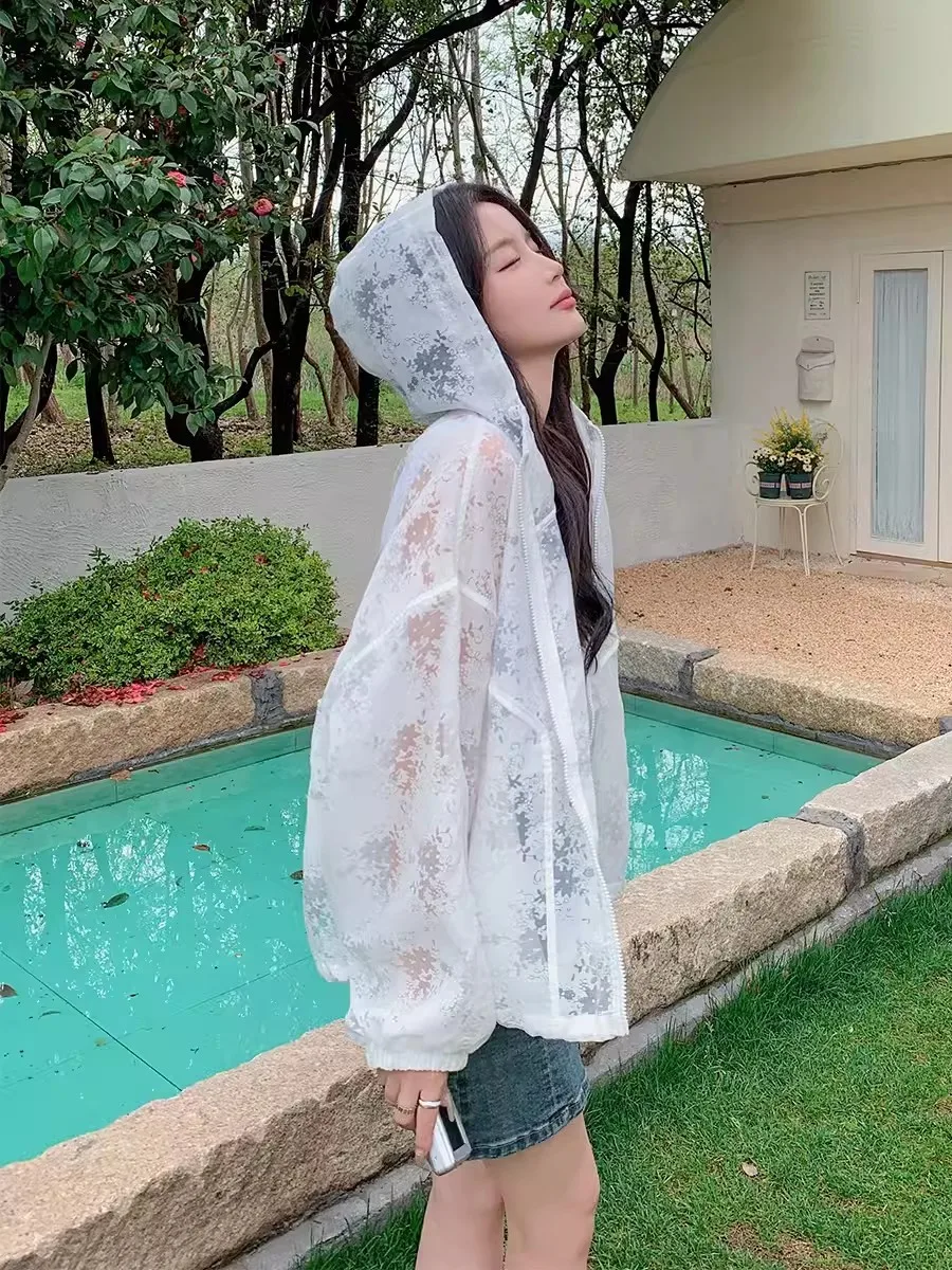 

Ladies Summer New plus Size Hooded Sun Protection Clothing Lace Hollow out Lightweight Breathable Outerwear Long Sleeve Zipper