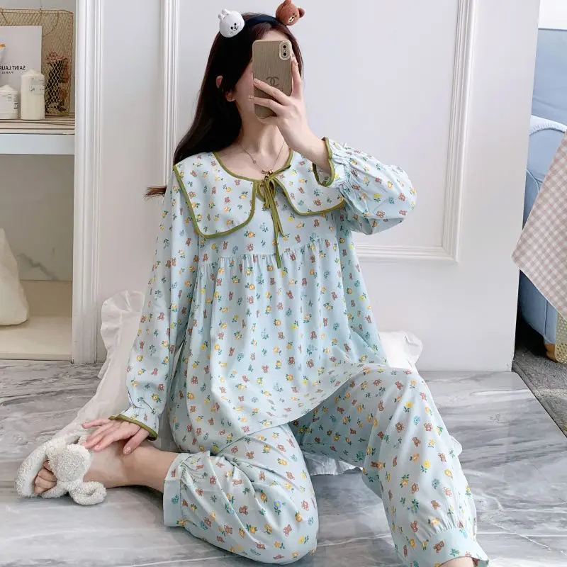 Pyjama Frauen Frühling Herbst 2024 neue Puppe Kragen dünne lässige Nachtwäsche Set lose süße süße weibliche Langarm Homewear Anzug