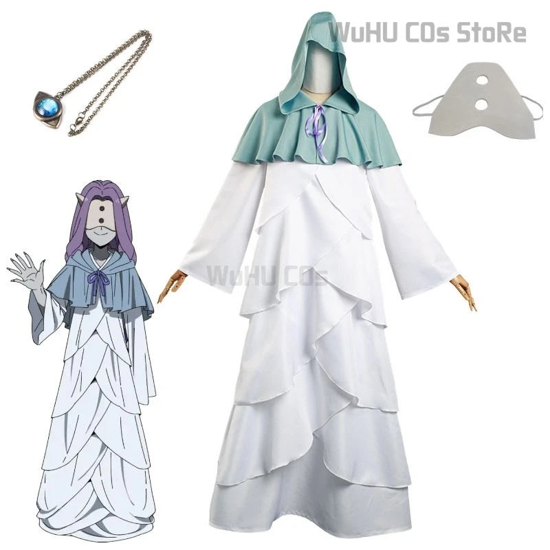 Anime The Promised Neverland Cosplay Mujika Costume Ghost Mujika Cosplay White Cloak Dress Outfits Halloween Carnival Suit