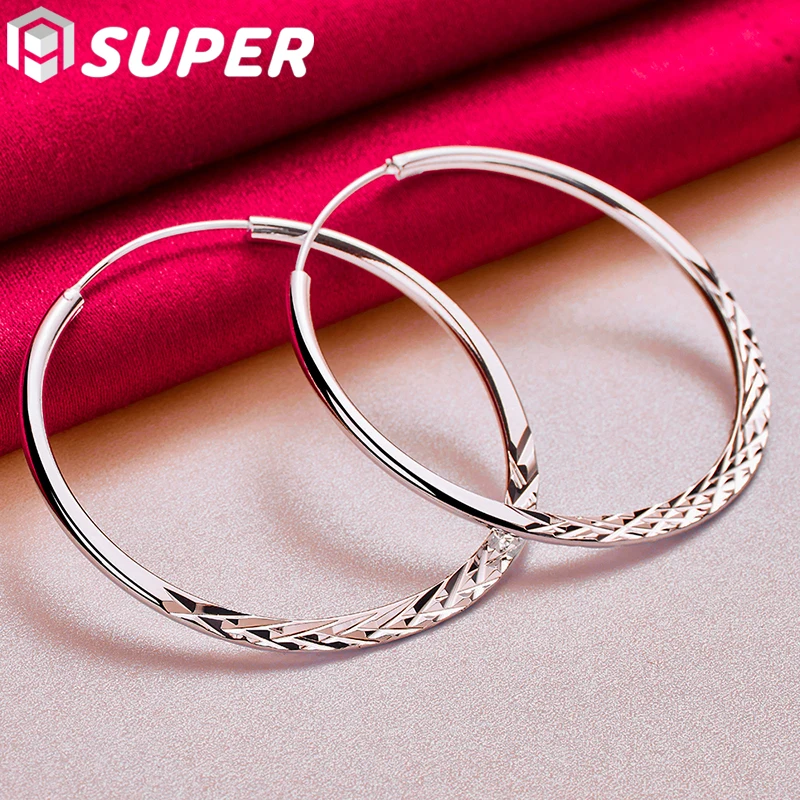 

925 Sterling Silver 40/45/50mm Round Circle Hoop Earrings For Women Wedding Engagement Party Jewelry