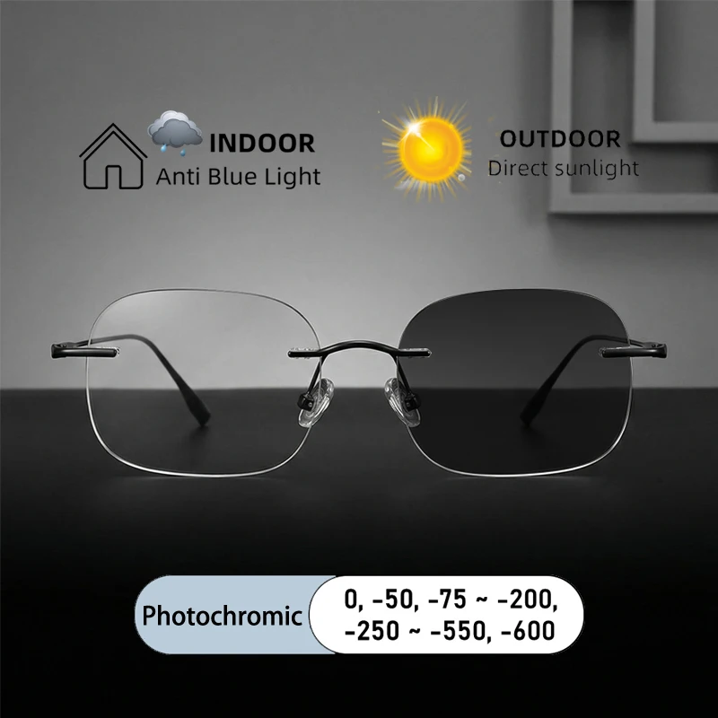 New Business Square Large Frameless Short Sight Astigmatism Glasses Custom Prescription Photochromic Anti Blue Light Men Eyewear