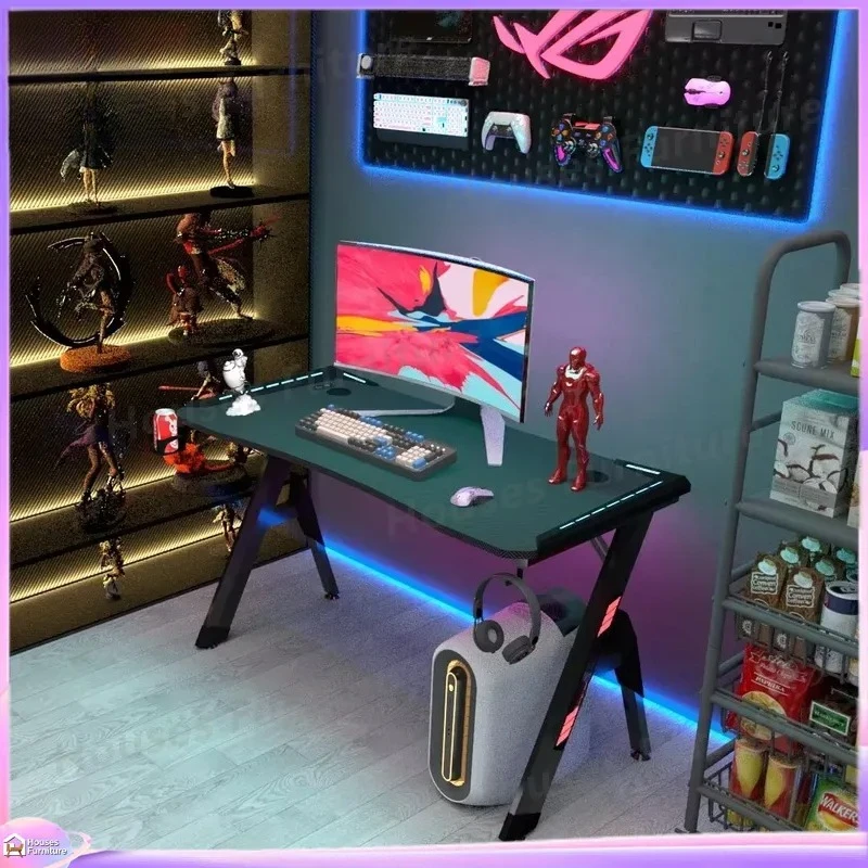 Gaming Computer Desk RGB Carbon Fiber Finish No Assembly Required Adjustable Height Ergonomic Office Desk for Home Bedroom