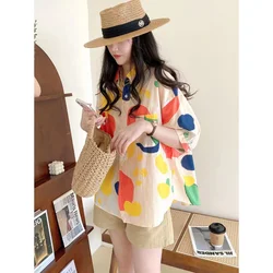 Printed Casual Shirts and Blouses for Women, Korean Stylish Tops, Loose Short-Sleeved Blouse, Literary Clothing, New, Summer