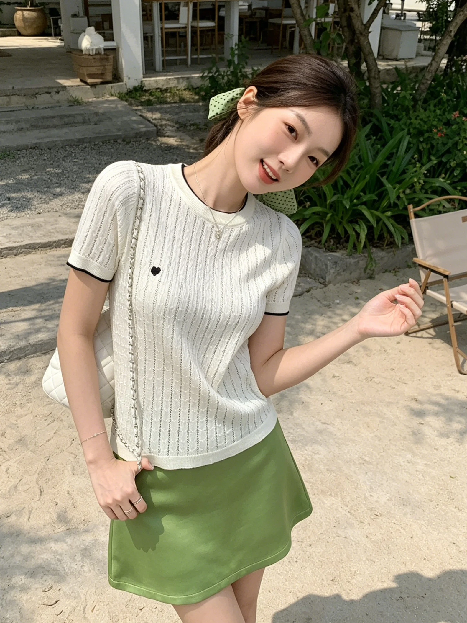 

Sweet Color Block round Neck Knitted Texture Short Sleeve T-Shirt Women's Lightweight Breathable Embroidered Comfortable Top