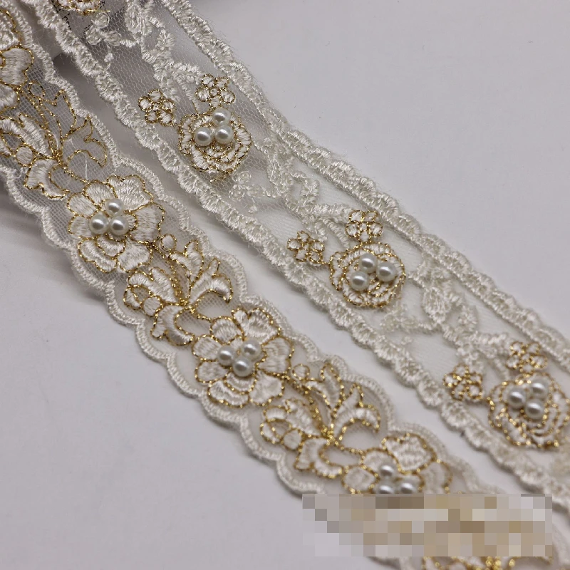 Ethnic Style Gold Thread Embroidery Lace with Beads, High-Light Pearl Trim, Handmade DIY Clothing Accessory for Ethnic Fashion