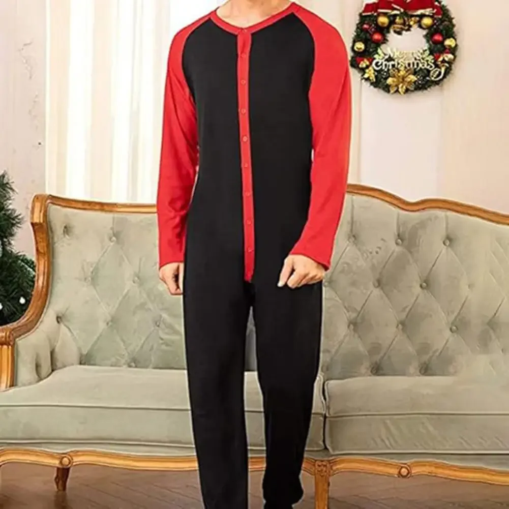 Spring Fall Men Jumpsuit Pajamas One-piece O-neck Long Sleeve Hip Buttoned Front Closure Sleepwear For Sleeping Homewear