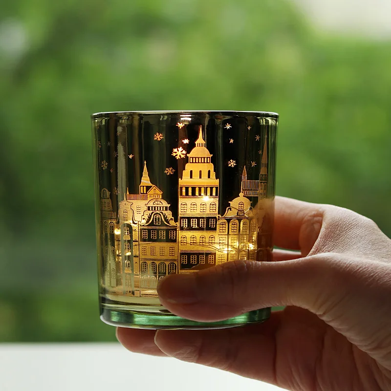 Ancient Castle Golden Christmas Candle Empty Cup Activation Carving Glass Candlestick Home Decoration n