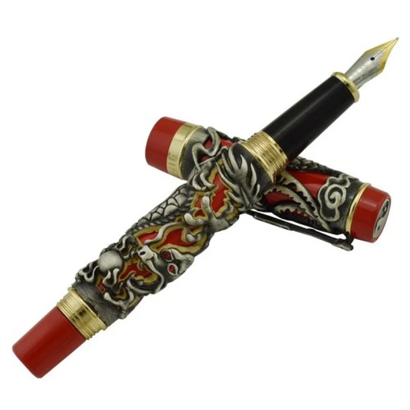Pluma estilográfica vintage A+ Jinhao Dragon Phoenix, pluma tallada de lujo, gris y rojo