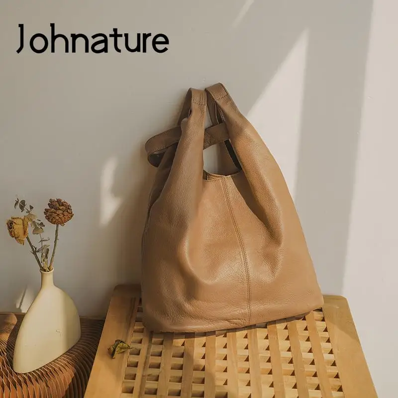 Johnature Casual Commuter Women Bag Genuine Leather 2024 New Versatile Large Capacity Soft Real Cowhide Shoulder Bags