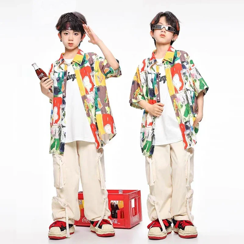 2024 New Children's Street Dance Trendy Clothing Boys Shirt Set Hiphop Loose Trendy Performance Outfits Catwalk Show Wear XH816