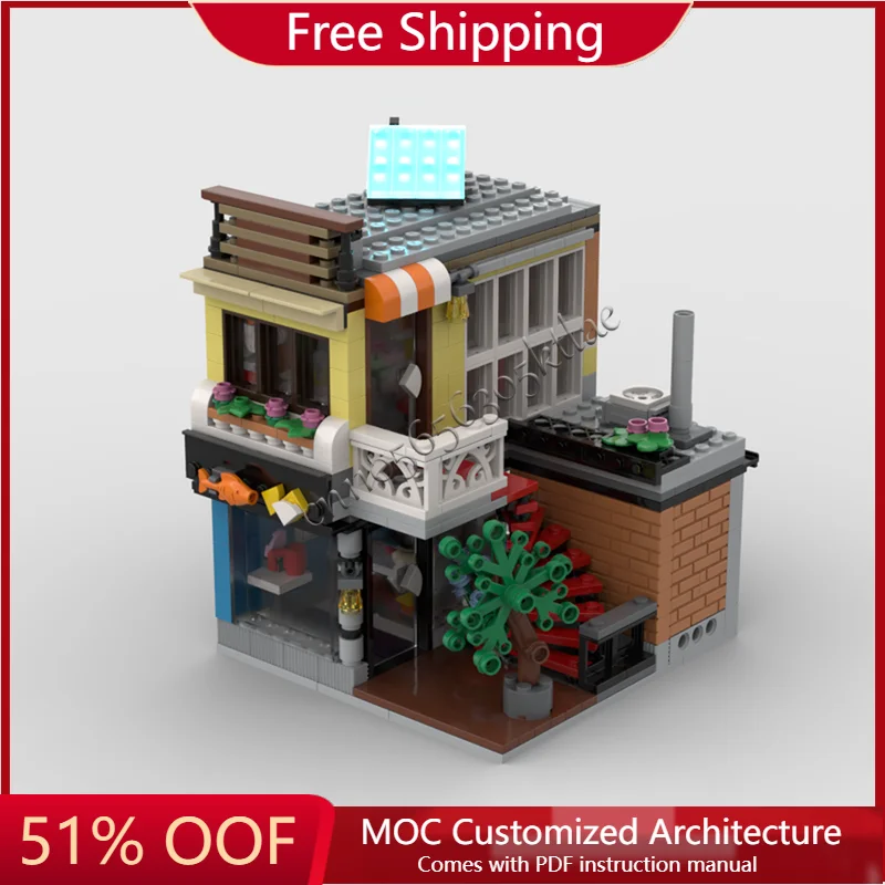 

613PCS MOC Modern City Street View Fish and Chips shop Build Model DIY Custom Puzzle Technology Creative Assembly Kids Toy Gift