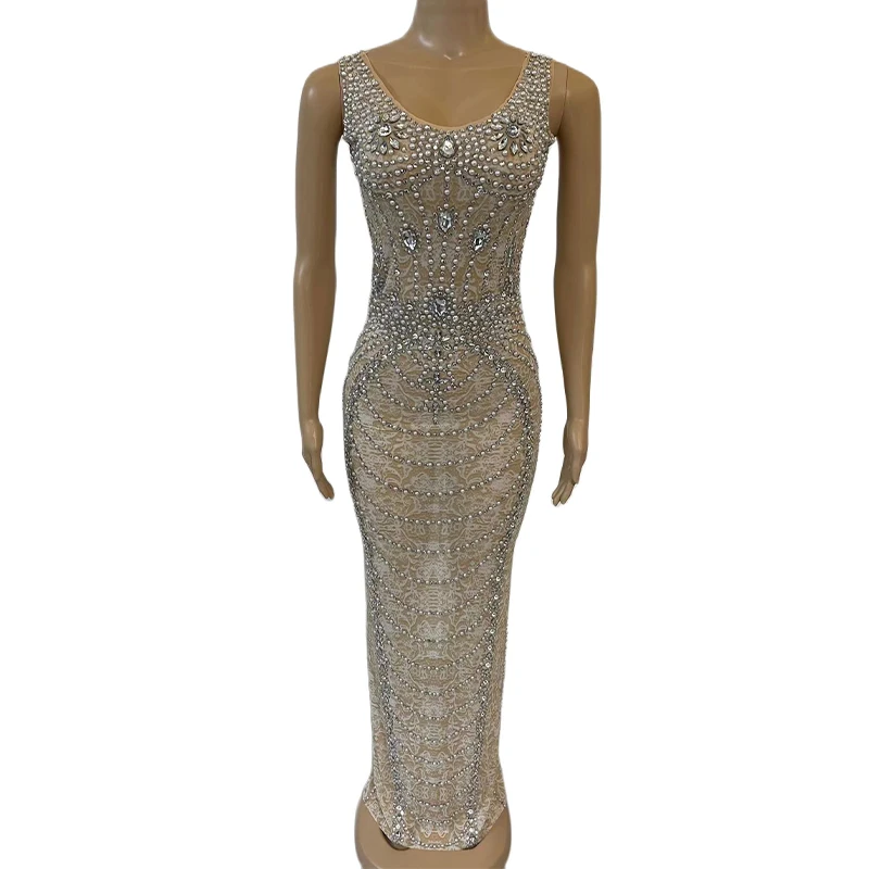 

Sexy Sparkly Pearls Crystals Mesh Long Dress Women Birthday Celebrate Club See Through Mesh Dress Stage Costume Dance Outfit