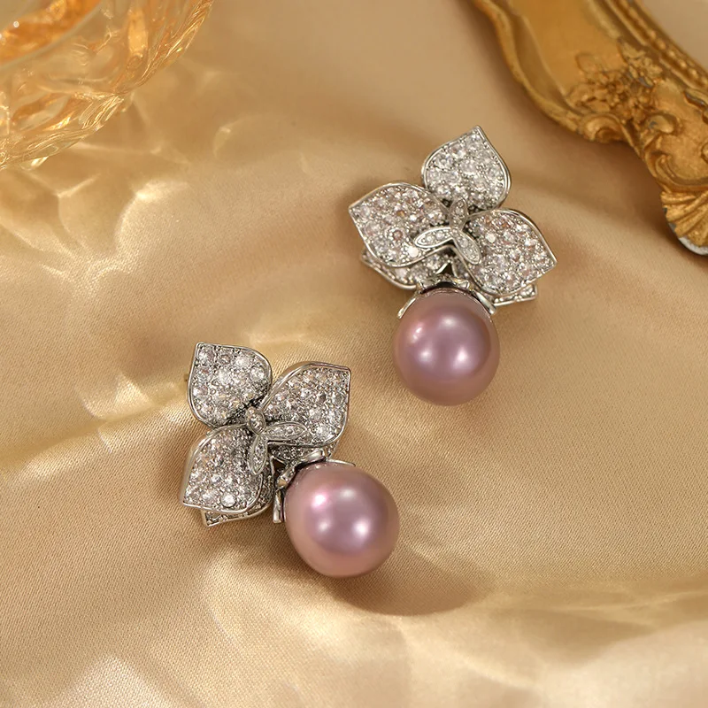 European and American Luxury Heavy Industry Fashion Zircon Micro Inlaid Petal Droplet Shaped Pearl  Earrings