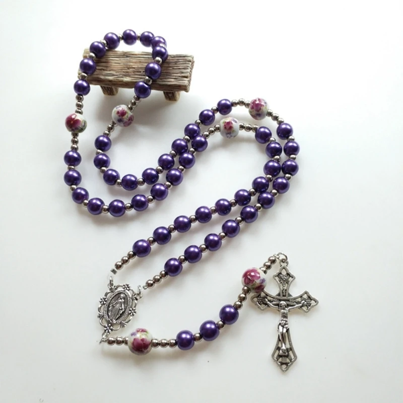 Handmade Glass Bead Rosary Catholic Necklace for Women Girls Jewelry Jesus for Cross Pendant Religious Prayer Necklaces Y5GB