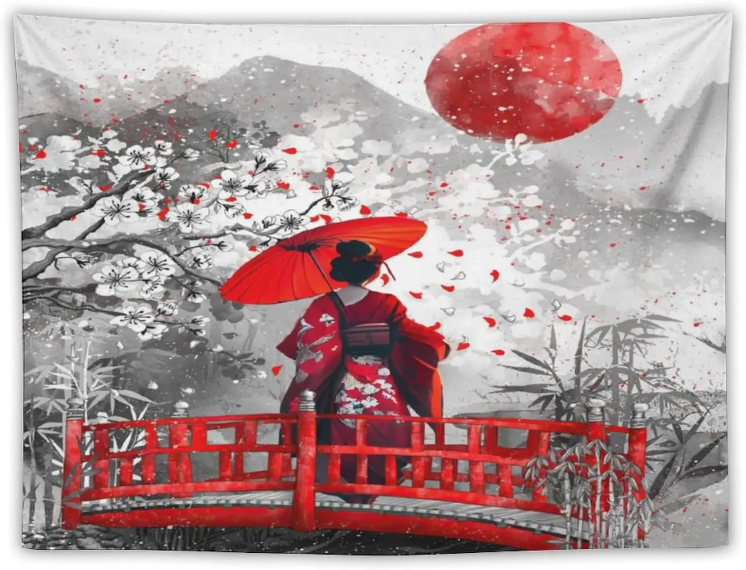 Japanese Red Geisha Tapestry Asian Cherry Blossom Red Sun Traditional Kimono Folk Tapestries Home Decor for Living Room Bedroom