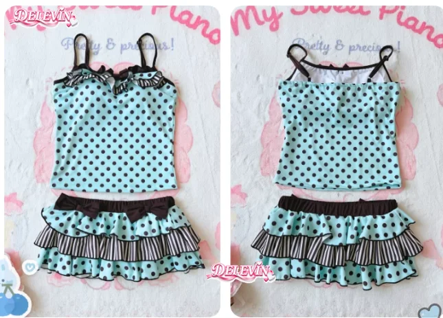 Japanese Style Polka Dot Suspender Cake Skirt Separates Swimsuit Bows Cute Lolita Girls Seaside Vacation Hot Spring Swimsuit Set