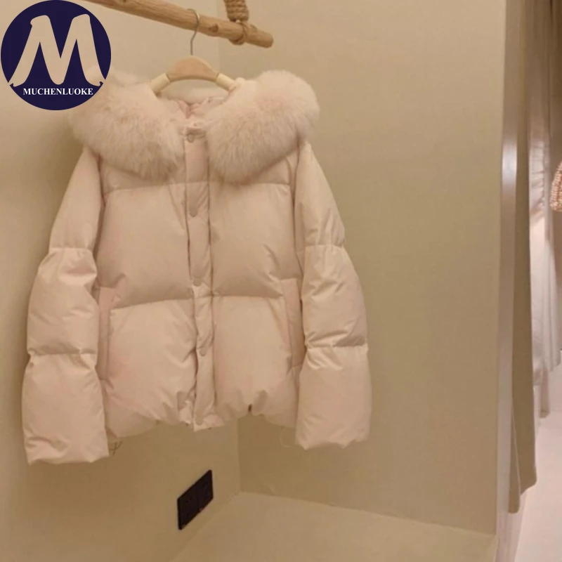여성용 후드 겨울 다운 재킷 우아한 모피 칼라 두꺼운 캐주얼 루즈 숏 한국 패션 파카 따뜻한 코트