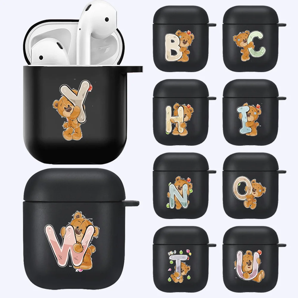 

Earphone Case for Apple Airpods 1st / 2nd Generation Bear Letter Pattern Wireless Bluetooth Headphone Black Soft Silicone Cover