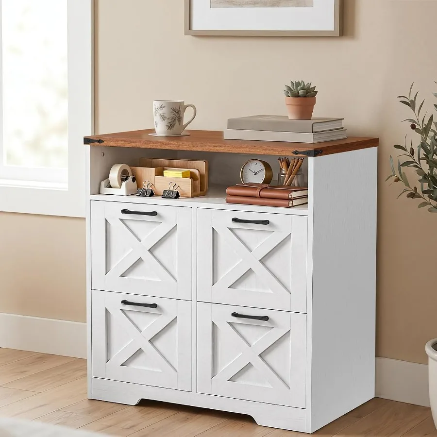 4 Drawer File Cabinet For Office Use, Solid Wood With White Finish, Rustic Farmhouse Style And Space-Saving Design